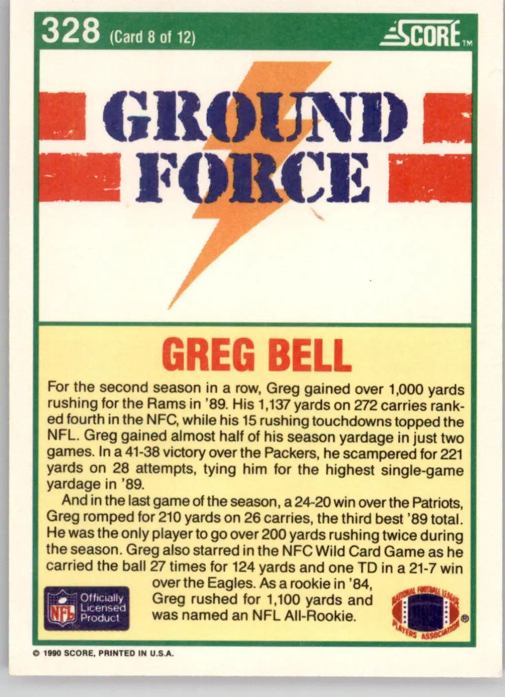 Greg Bell - 1990 Score - #328 - Football