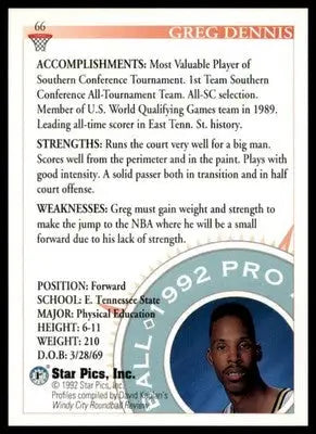 Greg Dennis 1992 Star Pics #66 East Tennessee State Buccaneers - Basketball Card Single