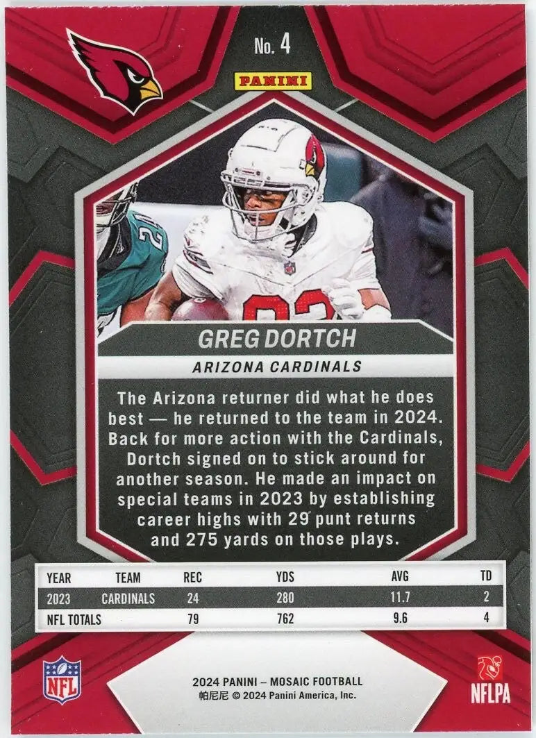 Greg Dortch 2024 Panini Mosaic #4 Arizona Cardinals Football Card NFL Sports - Football Card Single