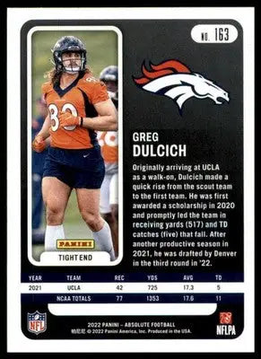 Greg Dulcich Rookie 2022 Panini Absolute Retail #163 Denver Broncos - Football Card Single