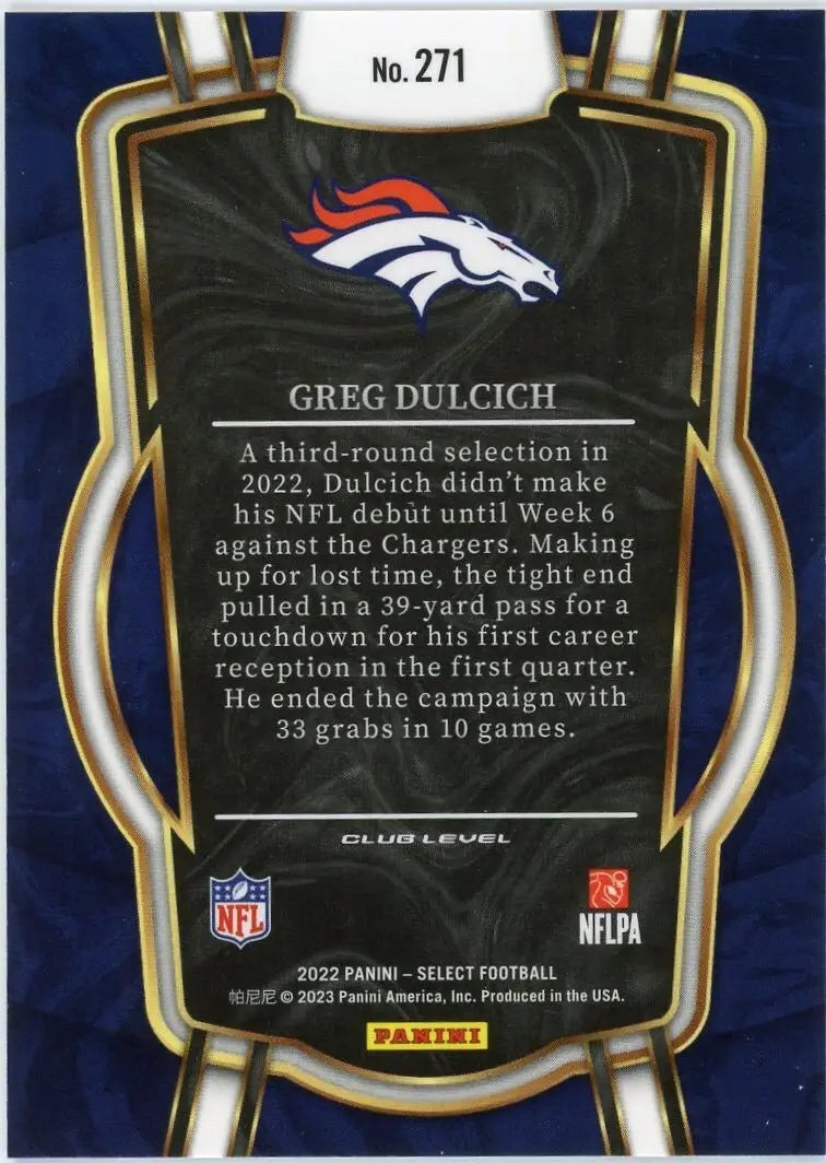 Greg Dulcich Rookie 2022 Panini Select Club #271 Denver Broncos Football Card - Football Card Single