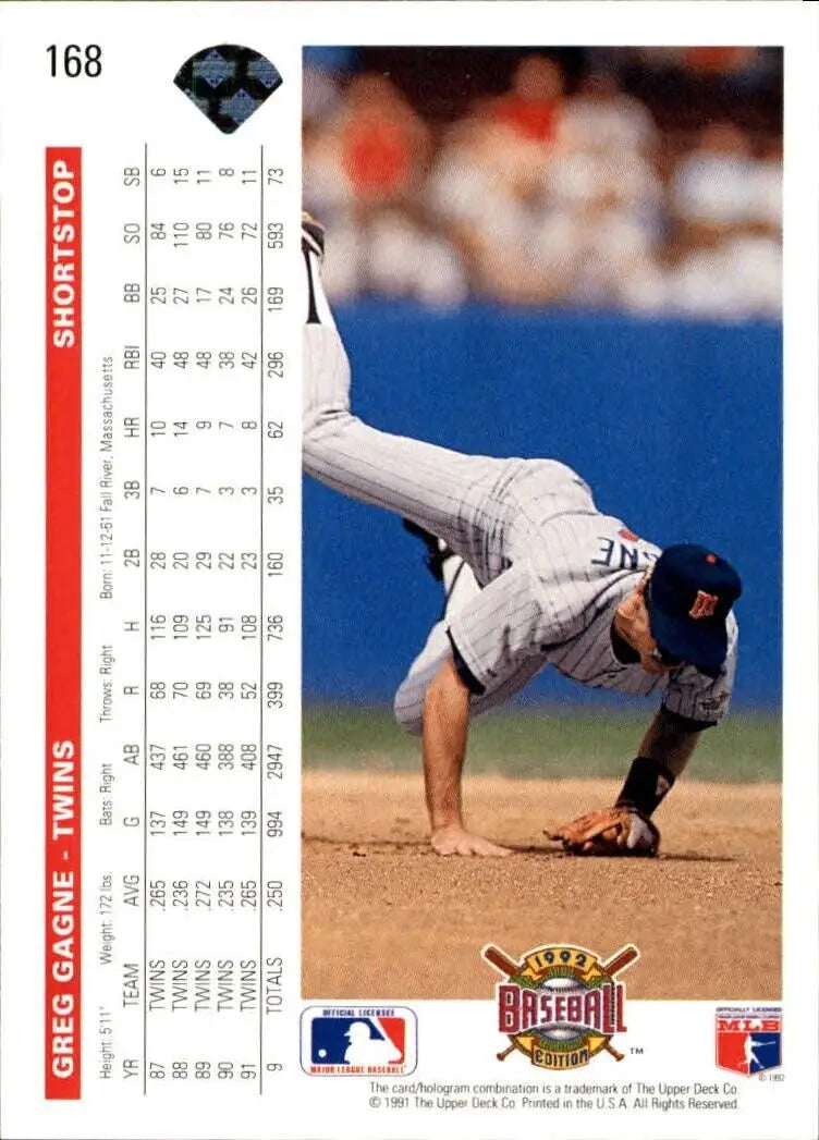 Greg Gagne 1992 Upper Deck MLB #168 Baseball Card Minnesota Twins - Baseball Card Single