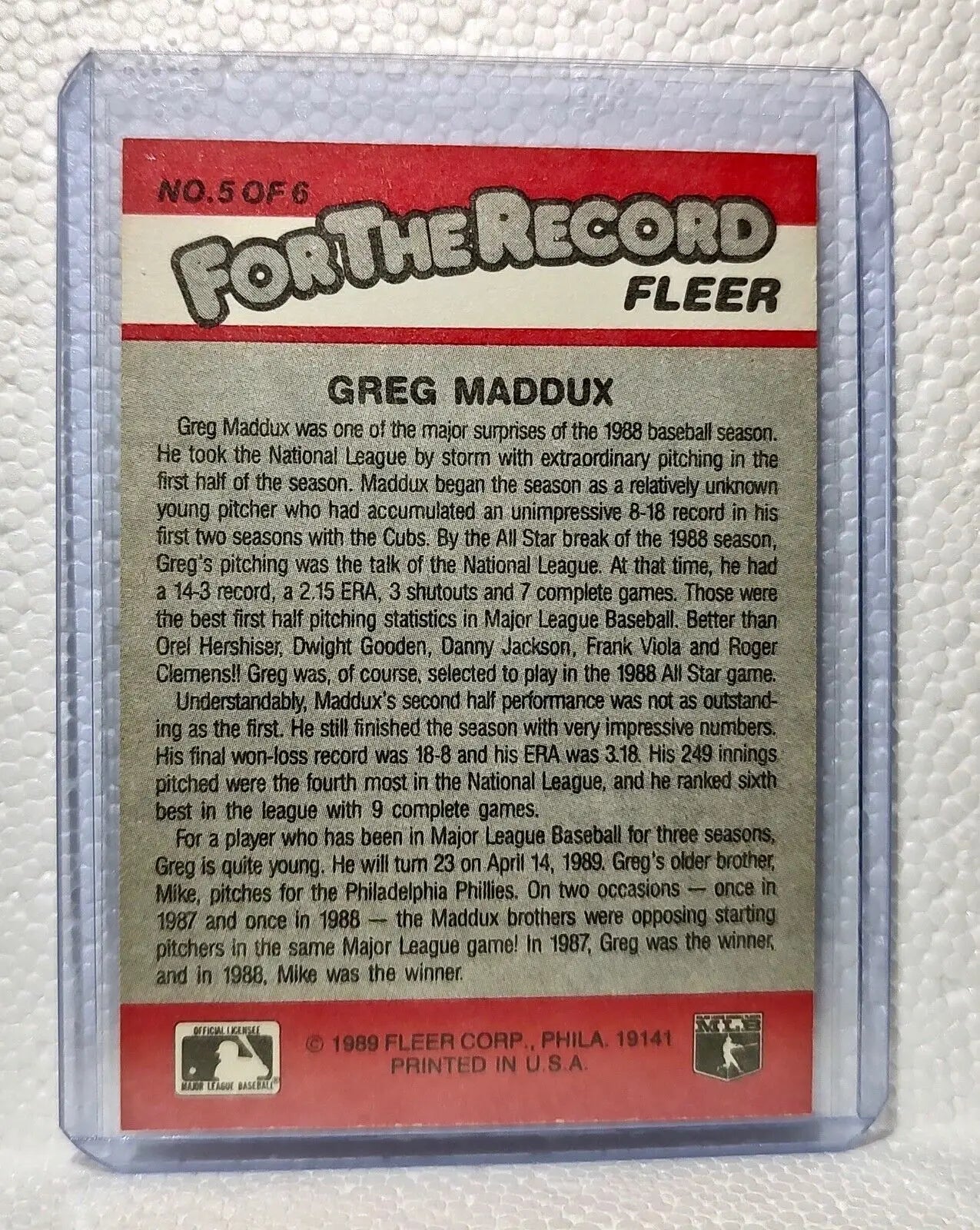 Greg Maddux 1989 Fleer MLB #5 For The Record Baseball Card Chicago Cubs - Baseball Card Single