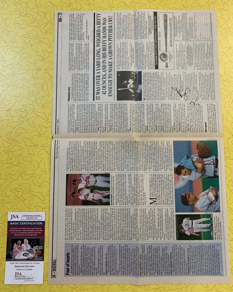 Greg Maddux Signed October 1995 Sporting News Atlanta Braves AUTO JSA - Sports Memorabilia