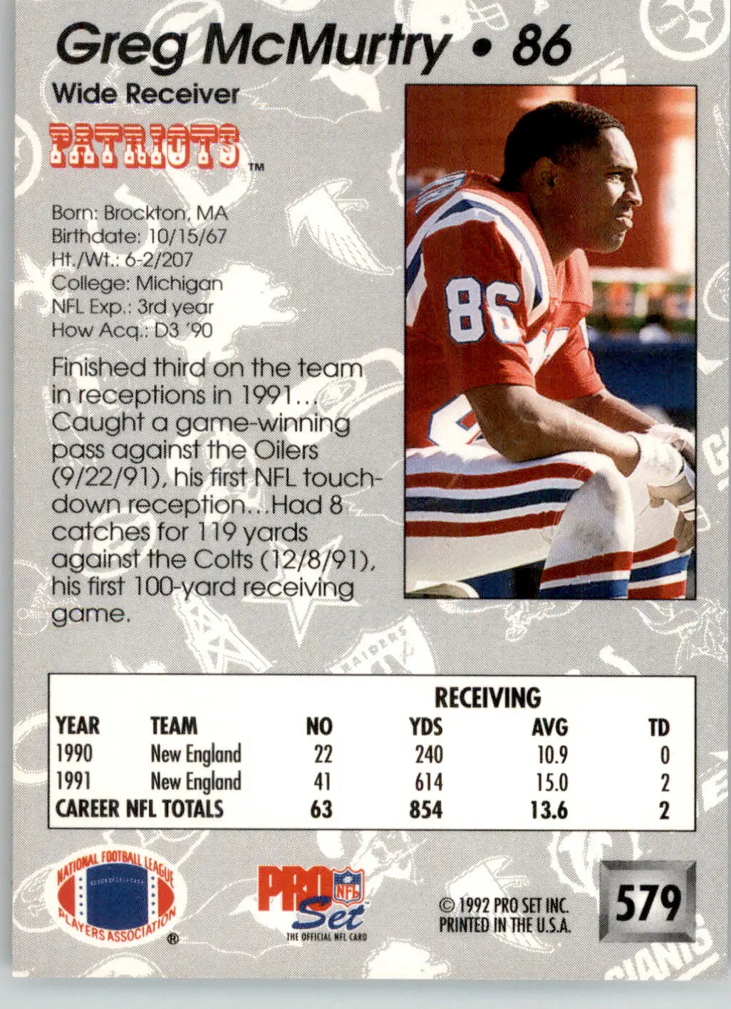 Greg McMurtry - 1992 Pro Set - #579 - Football - Football Card Single