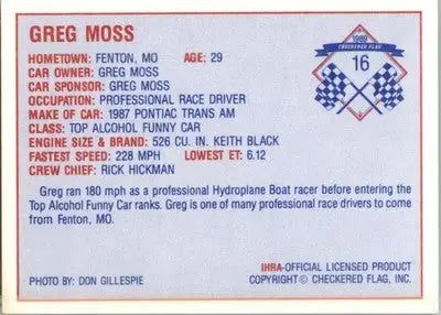 Greg Moss - 1989 Checkered Flag IHRA - #16 - Racing - Racing Card Single