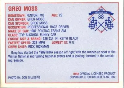 Greg Moss - 1989 Checkered Flag IHRA - #88 - Racing - Racing Card Single