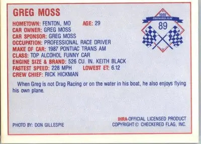 Greg Moss - 1989 Checkered Flag IHRA - #89 - Racing - Racing Card Single