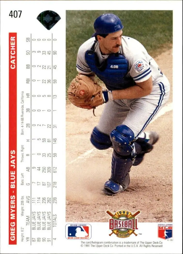 Greg Myers 1992 Upper Deck MLB #407 Baseball Card Toronto Blue Jays - Baseball Card Single