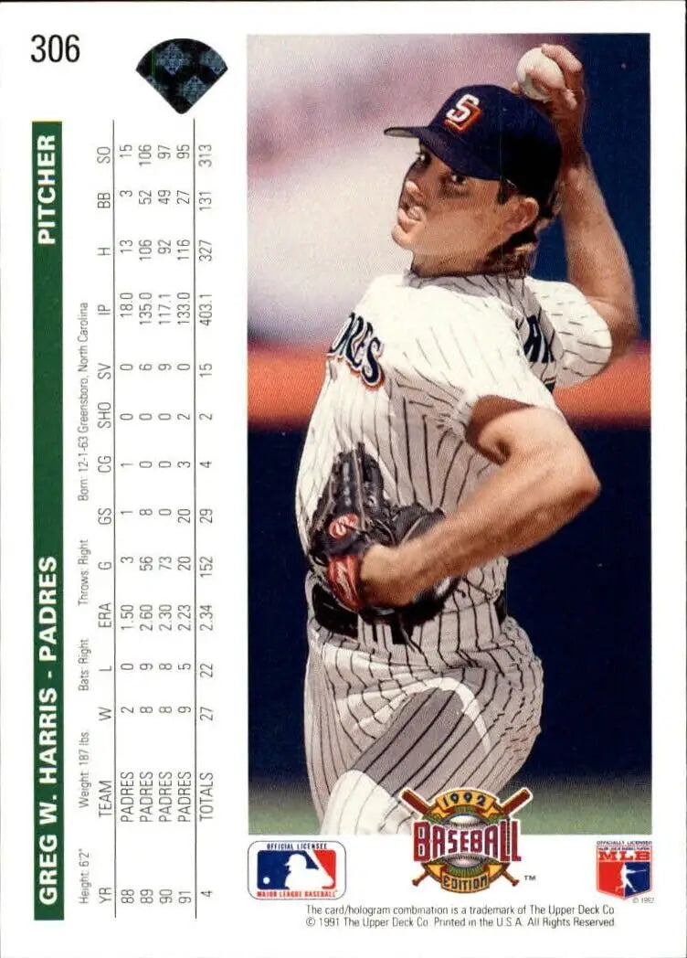 Greg W. Harris 1992 Upper Deck MLB #306 Baseball Card San Diego Padres