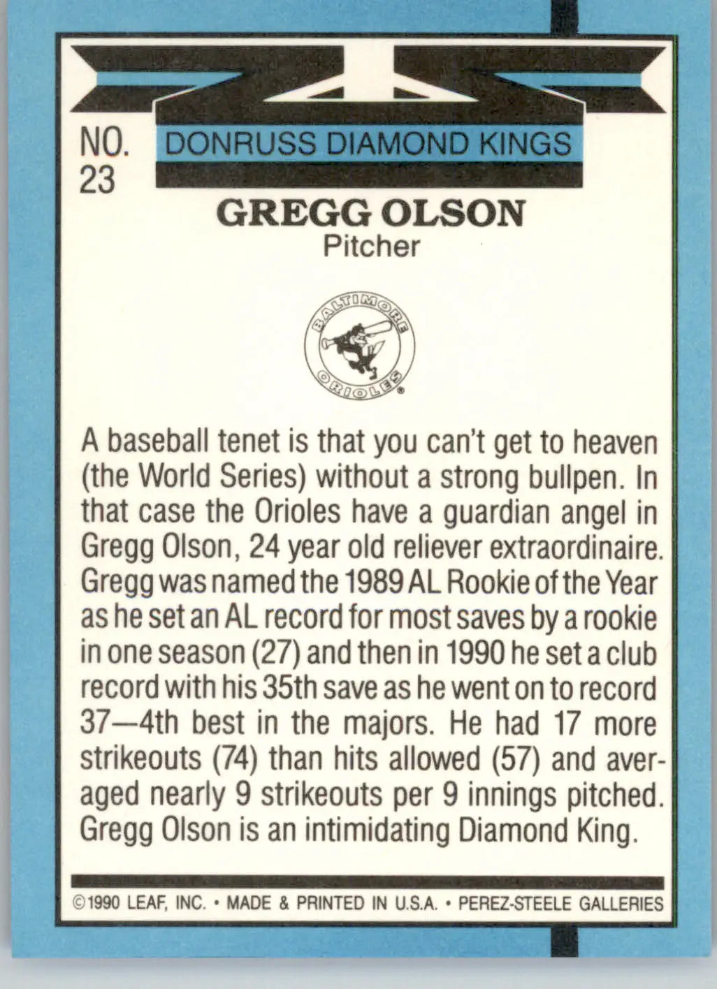 Gregg Olson - 1991 Donruss - #23 - Baseball - Baseball Card Single