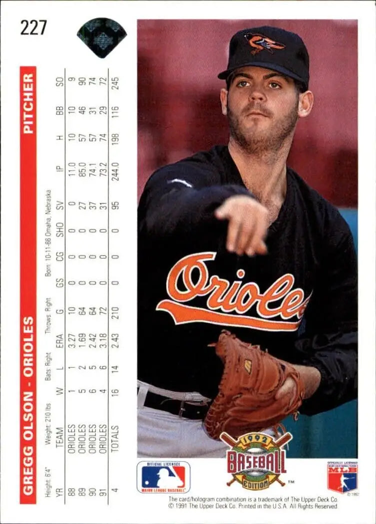 Gregg Olson 1992 Upper Deck MLB #227 Baseball Card Baltimore Orioles