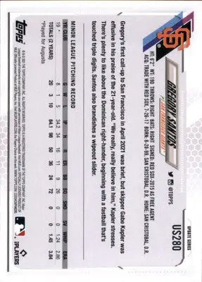 Gregory Santos Rookie 2021 Topps Update #US280 San Francisco Giants - Baseball Card Single
