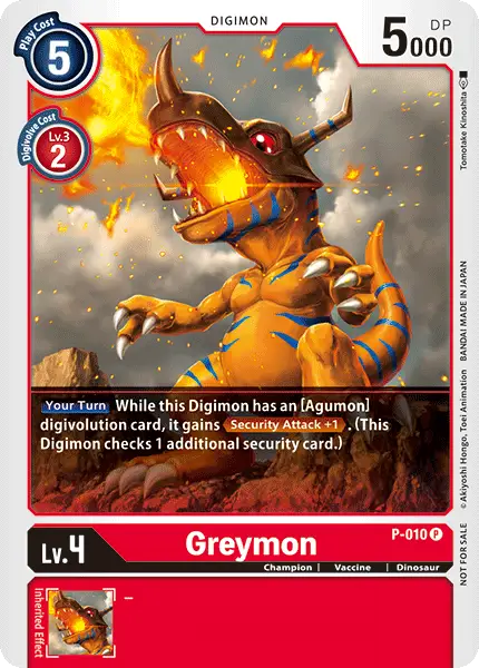 Greymon P-010 promotional card showcasing Digimon with digivolve cost details
