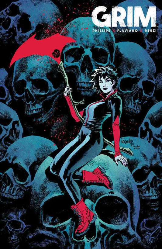 Comic book cover of Grim #16 featuring a woman on skulls, perfect for trading cards collectors