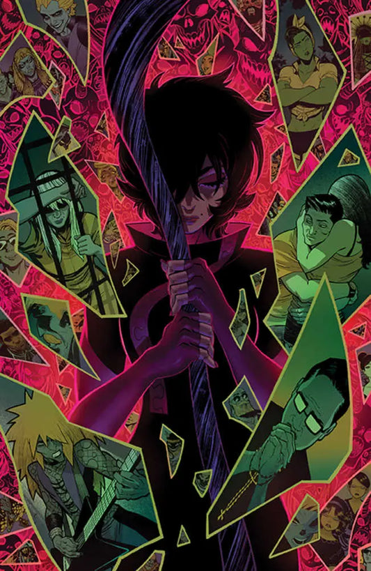 Silhouetted figure with sword among vibrant portraits in Grim #16 Cover G Unlockable Flaviano