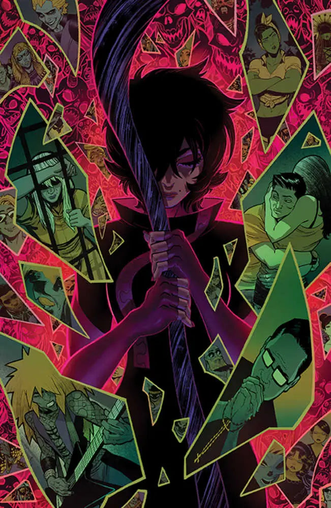 Silhouetted figure with sword among vibrant portraits in Grim #16 Cover G Unlockable Flaviano