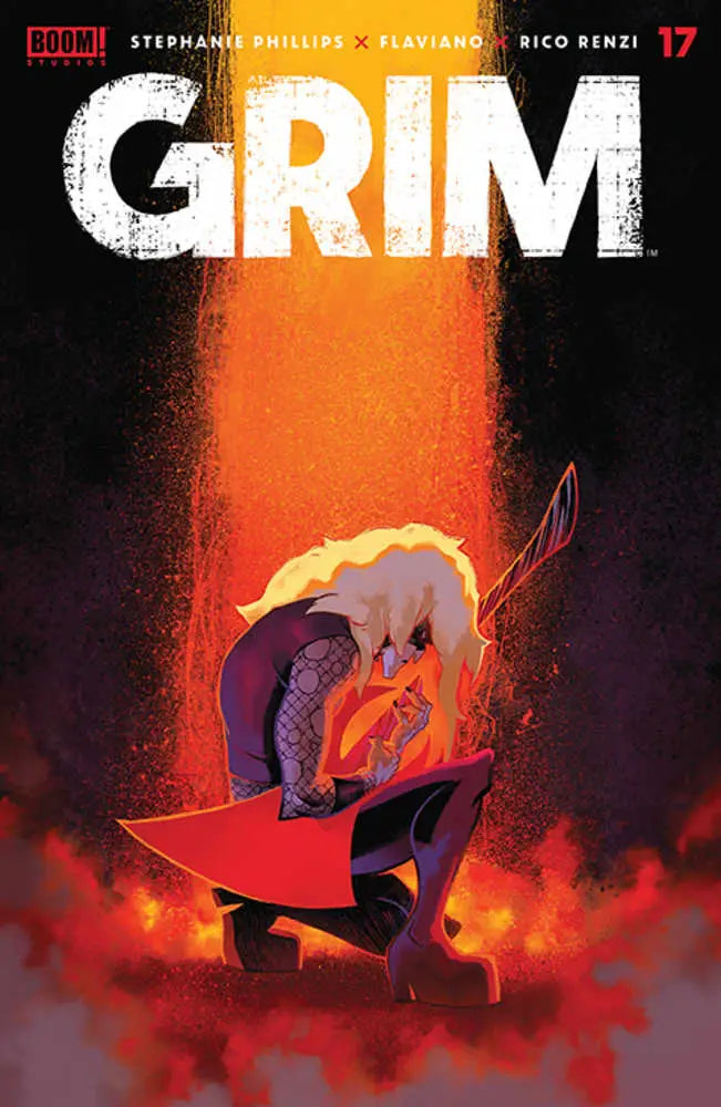 Comic book cover for GRIM #17 showing a figure in red and purple with fiery background