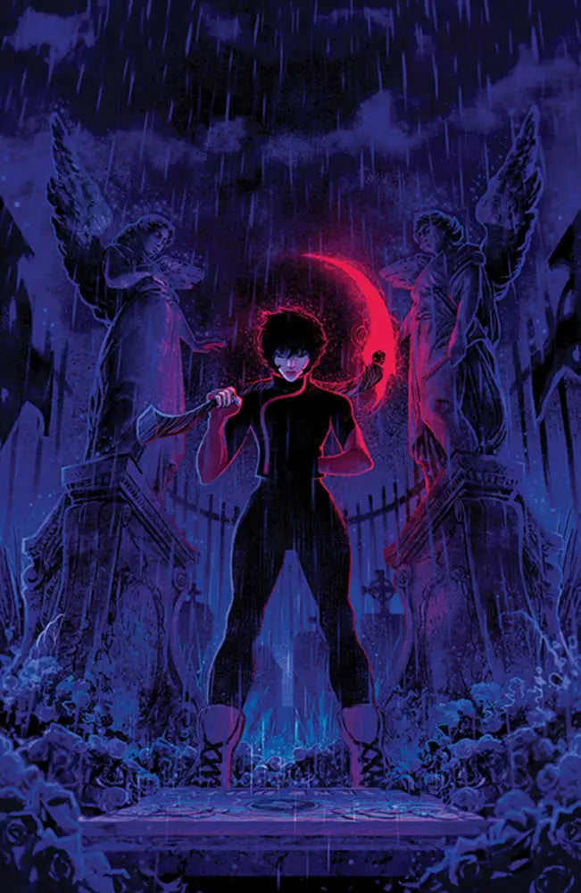 Silhouetted fighter with nunchucks and red crescent moon in Grim #4 Cover B Foil Flaviano