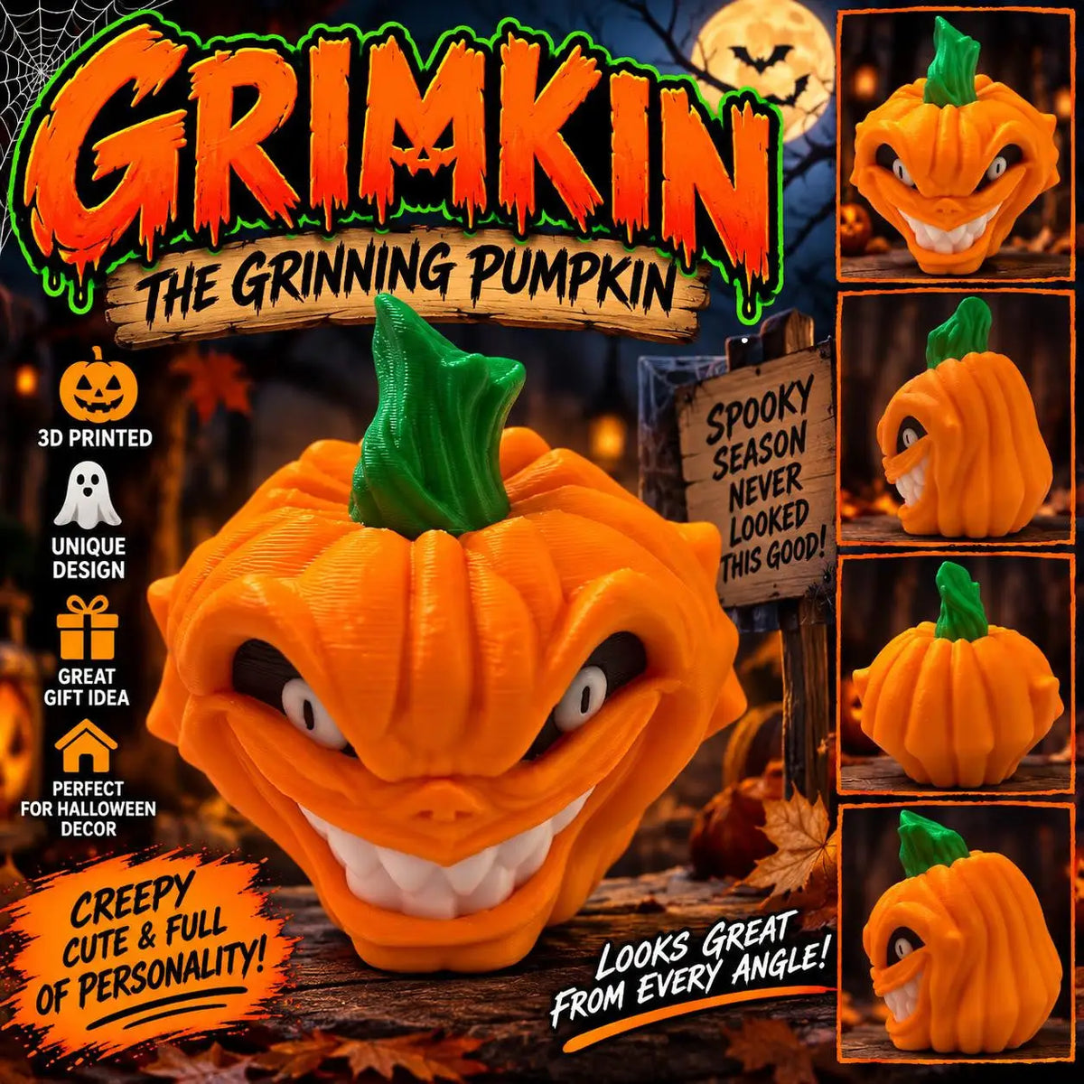 Grimkin Grinning Pumpkin 3D Printed Halloween Monster Spooky Decor Figurine - Other