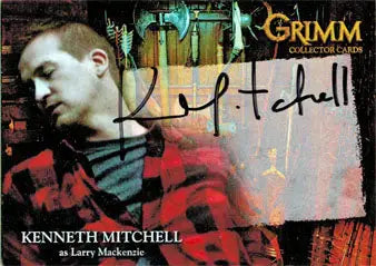 Autograph card featuring Kenneth Mitchell as Larry Mackenzie on graffiti background