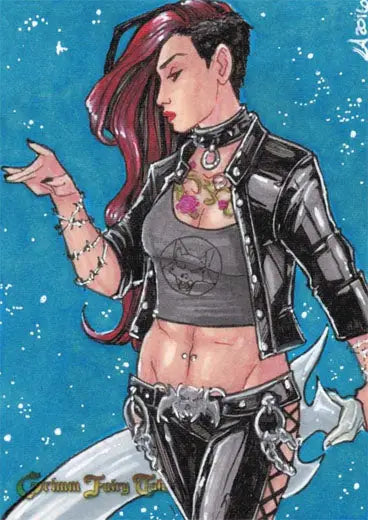 Stylized punk woman illustration by Lynne Anderson on Grimm Fairy Tales sketch card