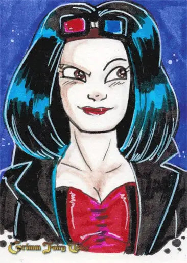 Stylized portrait of a woman with blue hair in 3D glasses on Mary Bellamy sketch card