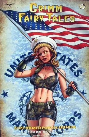 Comic book cover with a pin-up military sailor and American flag for Armed Forces trading cards