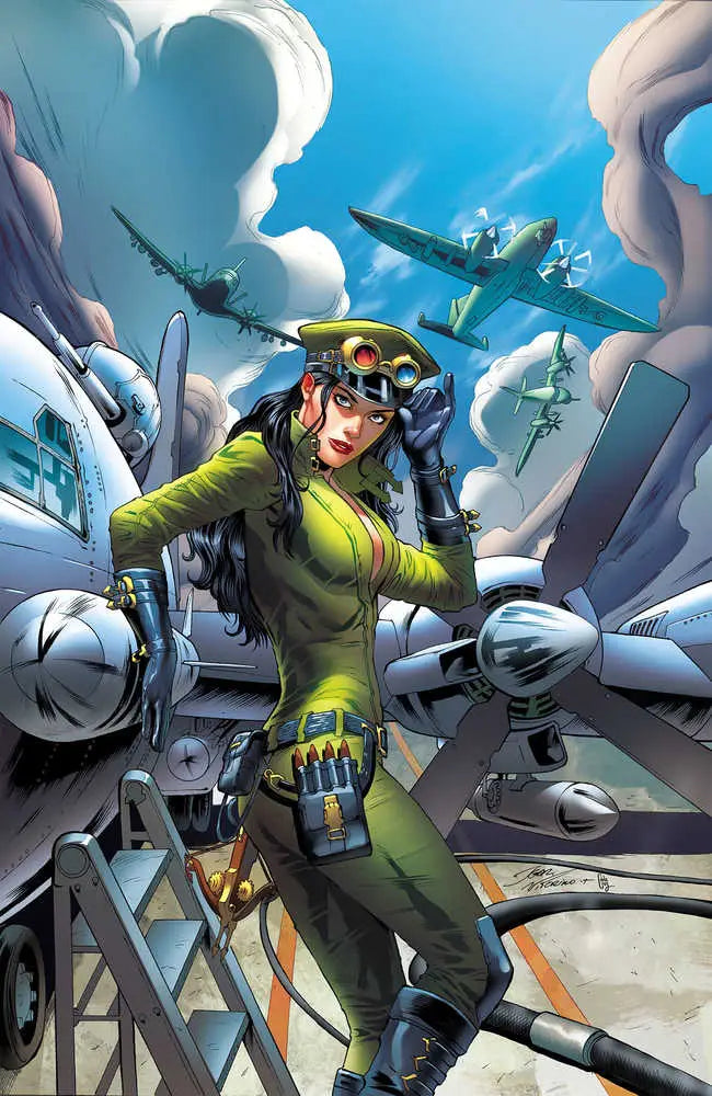 Pilot in green flight suit with WWII planes for Grimm Fairy Tales Armed Forces trading cards
