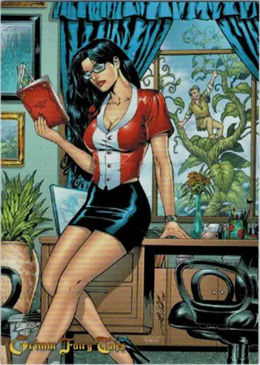 Woman with glasses reading a book near counter, featured in Artist Exclusive Promo Card