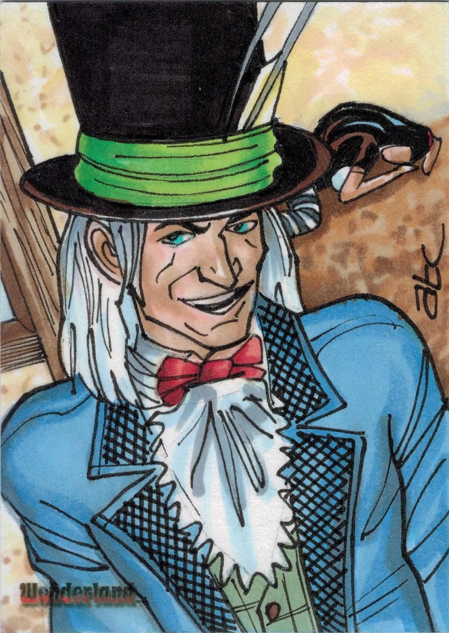 Colorful sketch card illustration of whimsical Mad Hatter by Adam Cleveland