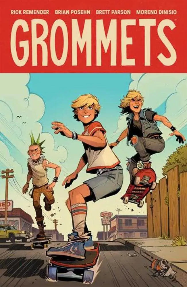 Comic book cover featuring three skateboarders for Grommets TP Brett Parson Cover