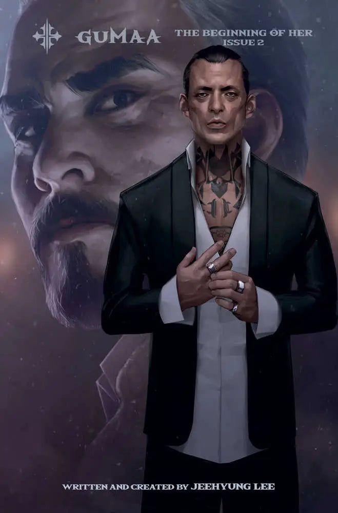 Dark-suited figure with neck tattoos on Gumaa Beginning Of Her #2 Cover B trading cards