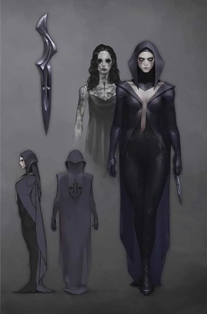 Dark gothic character concept art for trading cards featuring hooded figures in robes