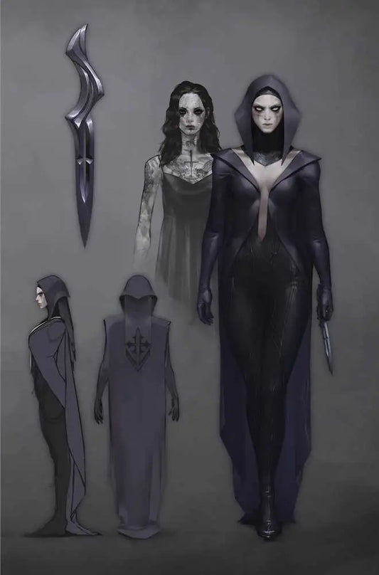 Dark gothic character concept art for trading cards featuring hooded figures in robes
