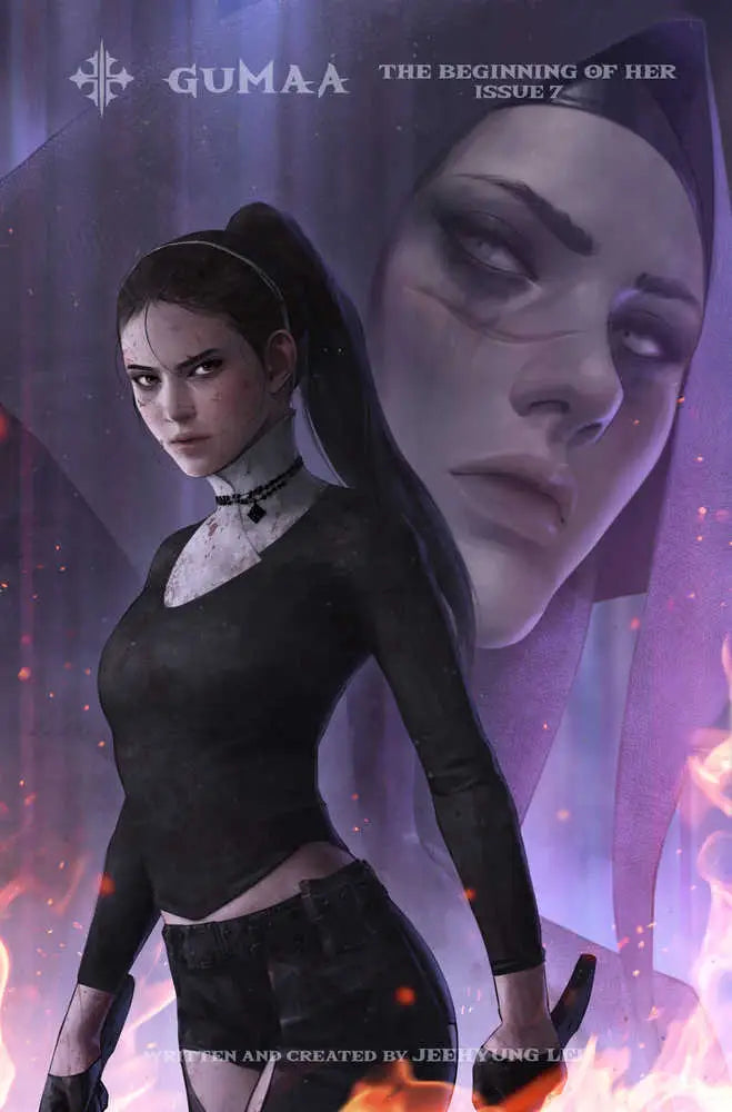 Gothic figure in black crop top against a purple backdrop for trading cards cover