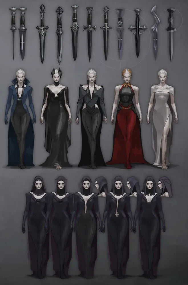 Dark fantasy character concept art with elegant gowns, daggers, and hooded figures for Gumaa Beginning Of Her #7 cover