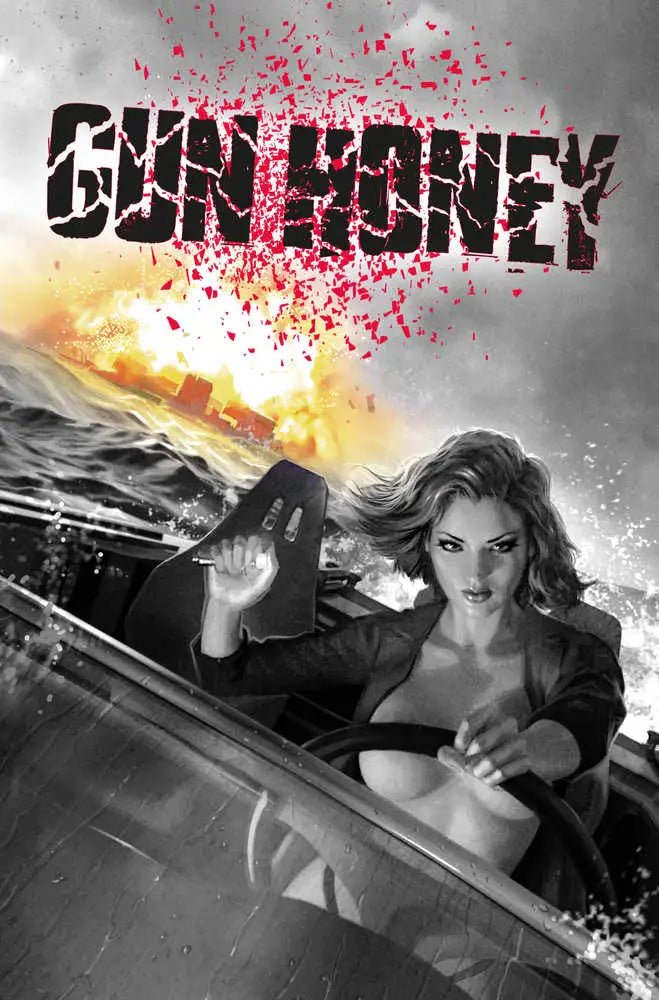 Action movie poster of a woman in black during an explosion for Gun Honey #4 collectible