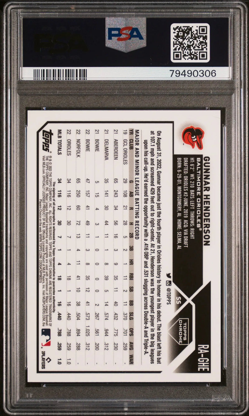 Graded Gunnar Henderson baseball card featuring Topps Chrome Purple Speckle Auto Label
