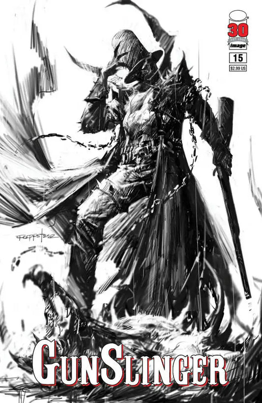 Dynamic black and white comic cover art featuring a gunslinger for Gunslinger Spawn #15 trading cards