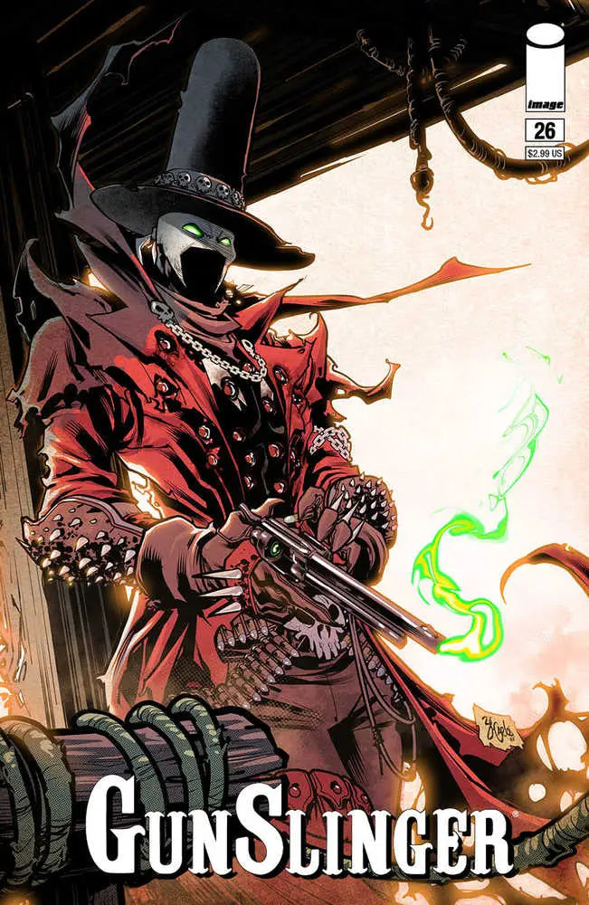 Dark figure in top hat and red coat with gun, featured on Gunslinger Spawn trading card