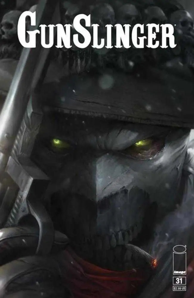 Dark figure with glowing green eyes on Gunslinger Spawn #31 comic book cover art