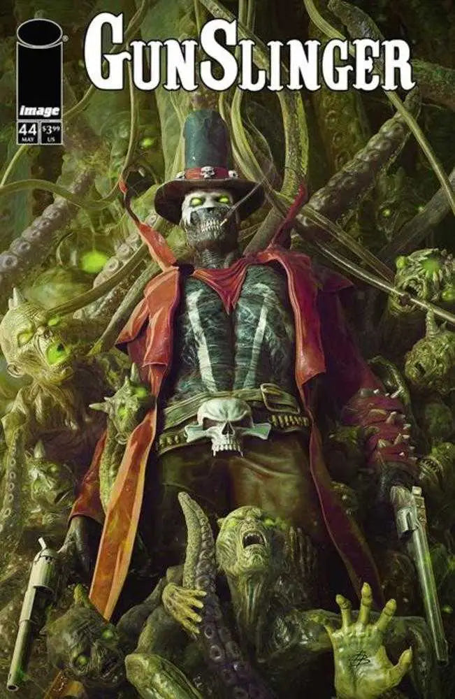 Gunslinger Spawn comic book cover by Bjorn Barends featuring a skeletal gunslinger