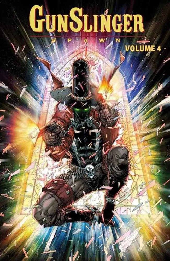 Comic book cover of Gunslinger Spawn in dynamic action with heavy weaponry