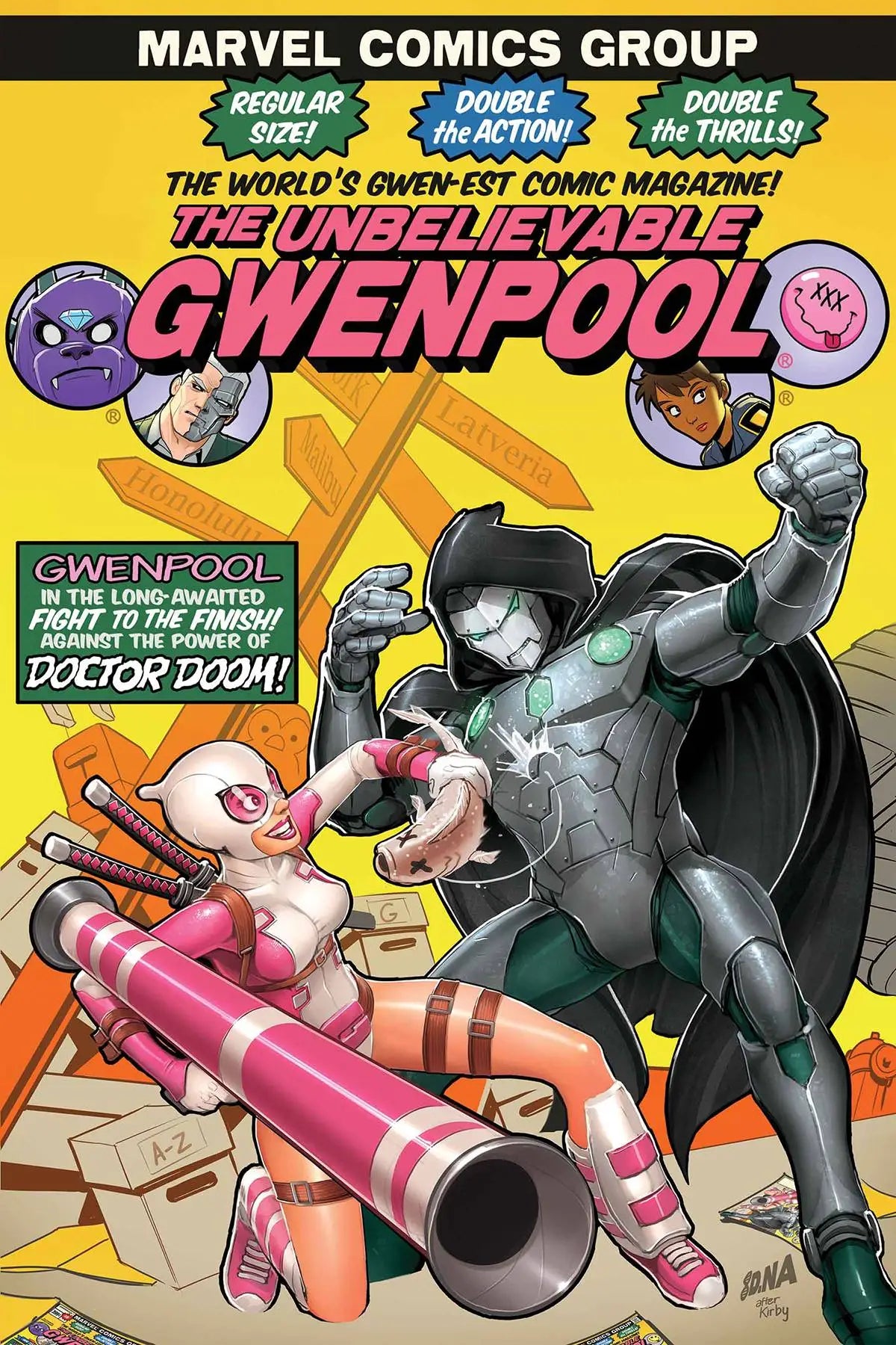 Comic book cover of Gwenpool fighting a villain, perfect for trading cards collectors