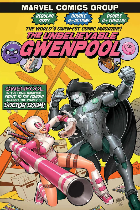 Comic book cover of Gwenpool fighting a villain, perfect for trading cards collectors