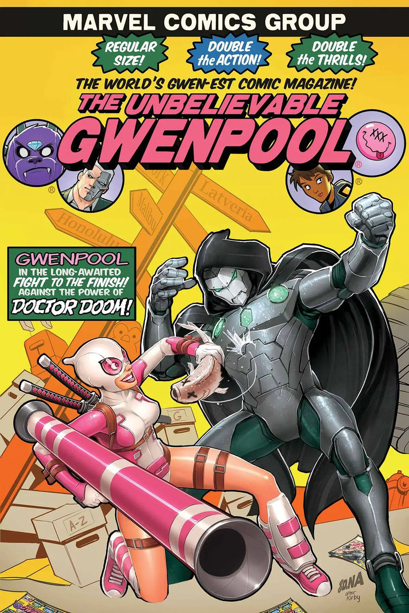 Comic book cover of Gwenpool fighting a villain, perfect for trading cards collectors