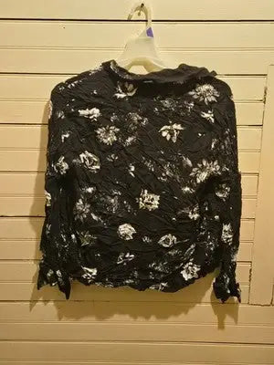 H&M Blouse Womens M Black White Floral Long Sleeve Lightweight Button Front - Apparel