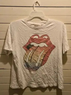 H&M Rolling Stones Mens M White Tongue Logo Short Sleeve Graphic T-Shirt Band - Apparel