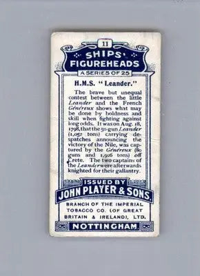 H.M.S. ’Leander.’ - 1912 Player’s Ships’ Figureheads - #11b - Serif Numerals - Non-Sports Card Single